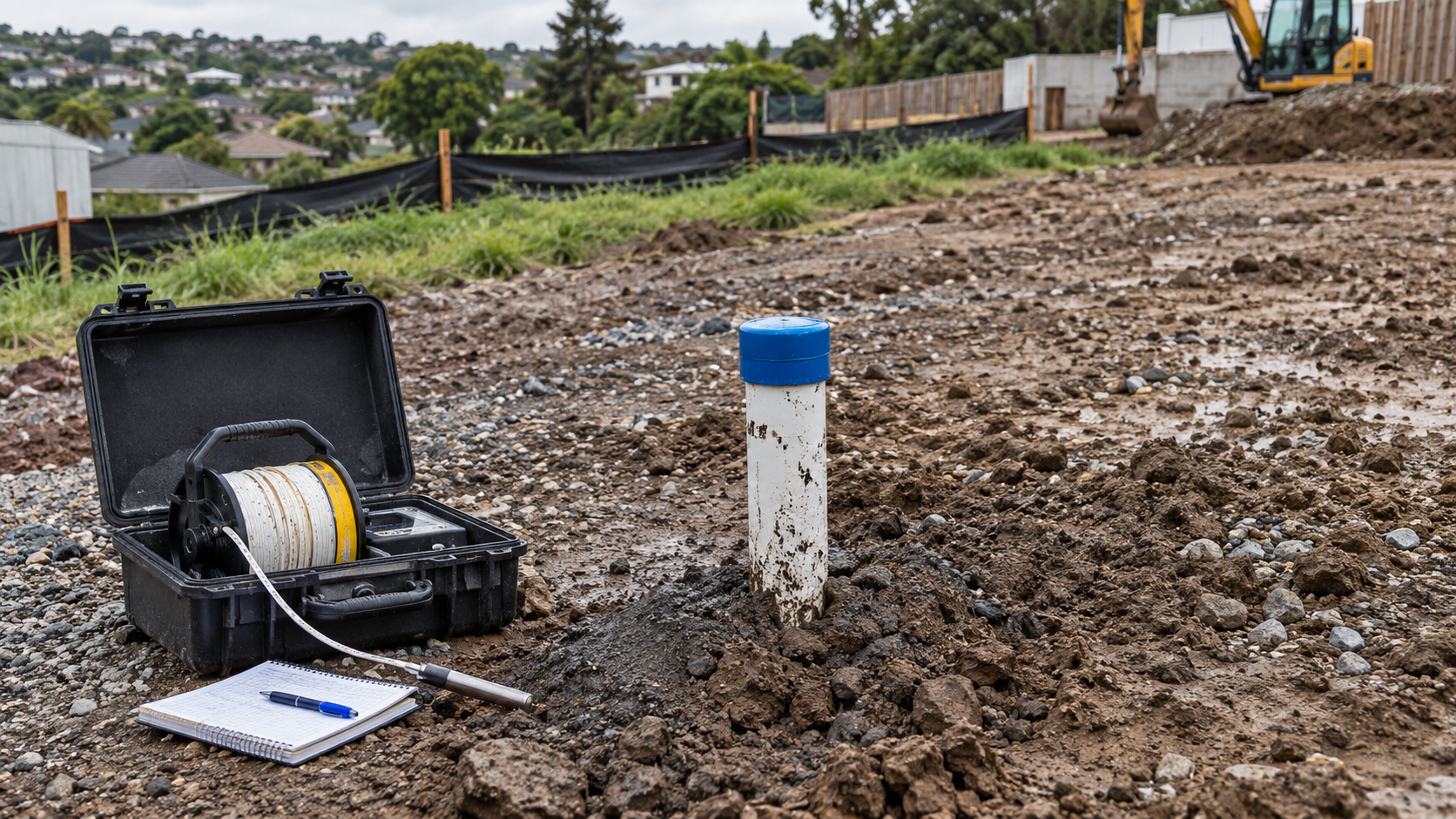 Groundwater engineer monitoring an observation bore on an Auckland development site