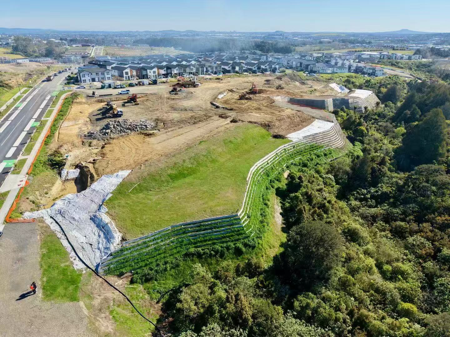 Aerial view of the Cyperus Development earthworks and MSE wall in Flat Bush