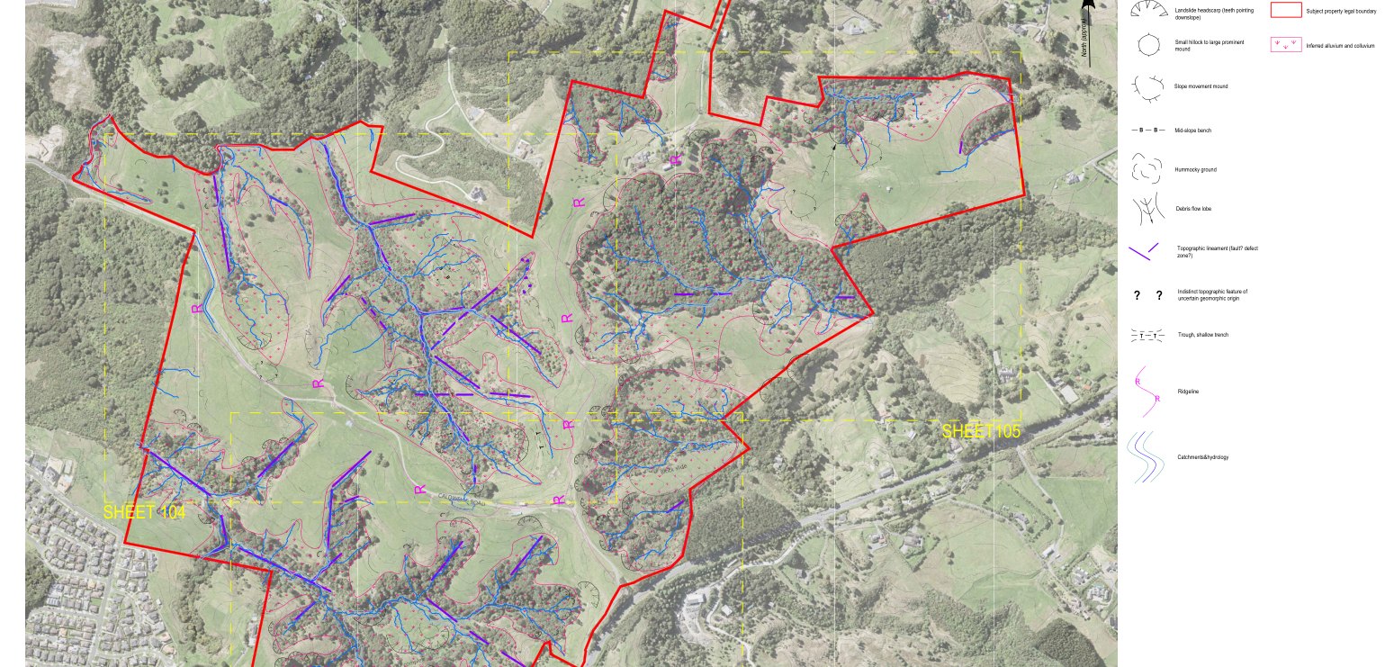 Geomorphic mapping over aerial imagery for Ormiston Road, Flat Bush