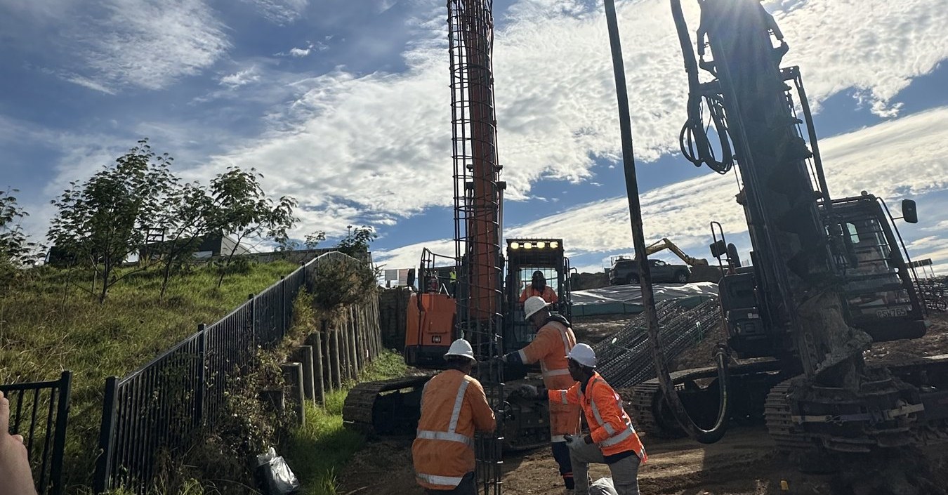 CFA piling equipment and crew at Scott Road, Hobsonville